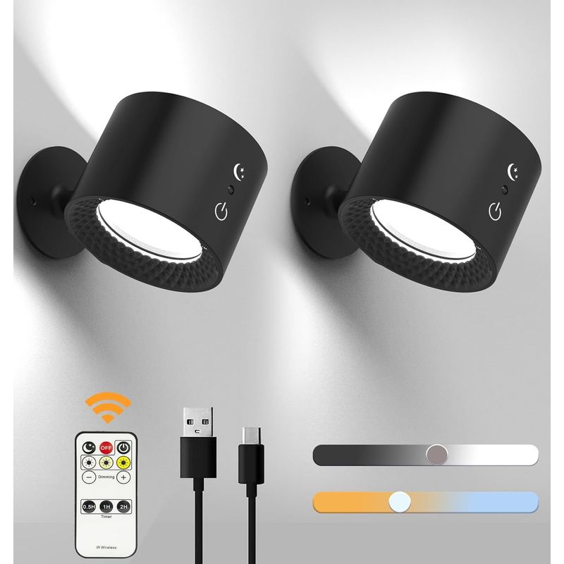 Set Mit 2 Wiederaufladbaren Led-wandleuchten Mit Touch-fernbedienung, 3 Helligkeitsstufen, 3 Farbtemperaturen, 360°-drehung, Nachttischlampe