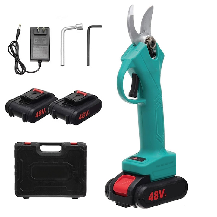 Professionelle Elektrische Gartenschere, 2 X 48-v-akkus, Mit Klinge Aus Kohlenstoffstahl, Tragetasche Und Zubehör