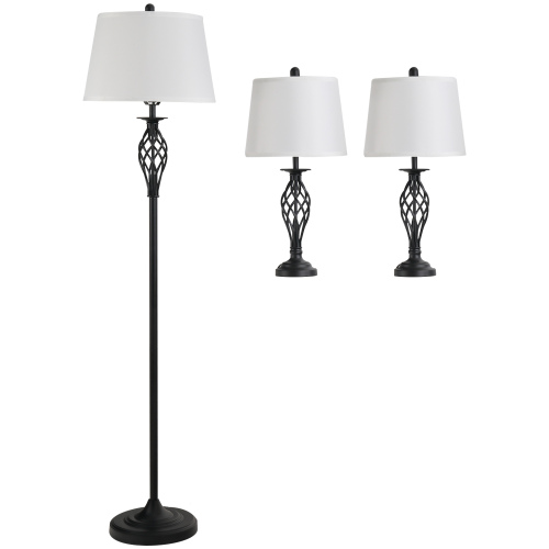 3er Set Lampen – 2 Tischlampen Und 1 Stehlampe, Retro-design In Schwarz-weiß Aus Metall Mit Baumwollschirm, Ø 38 Cm Für Tische, 62 Cm Für Wohnzimmer