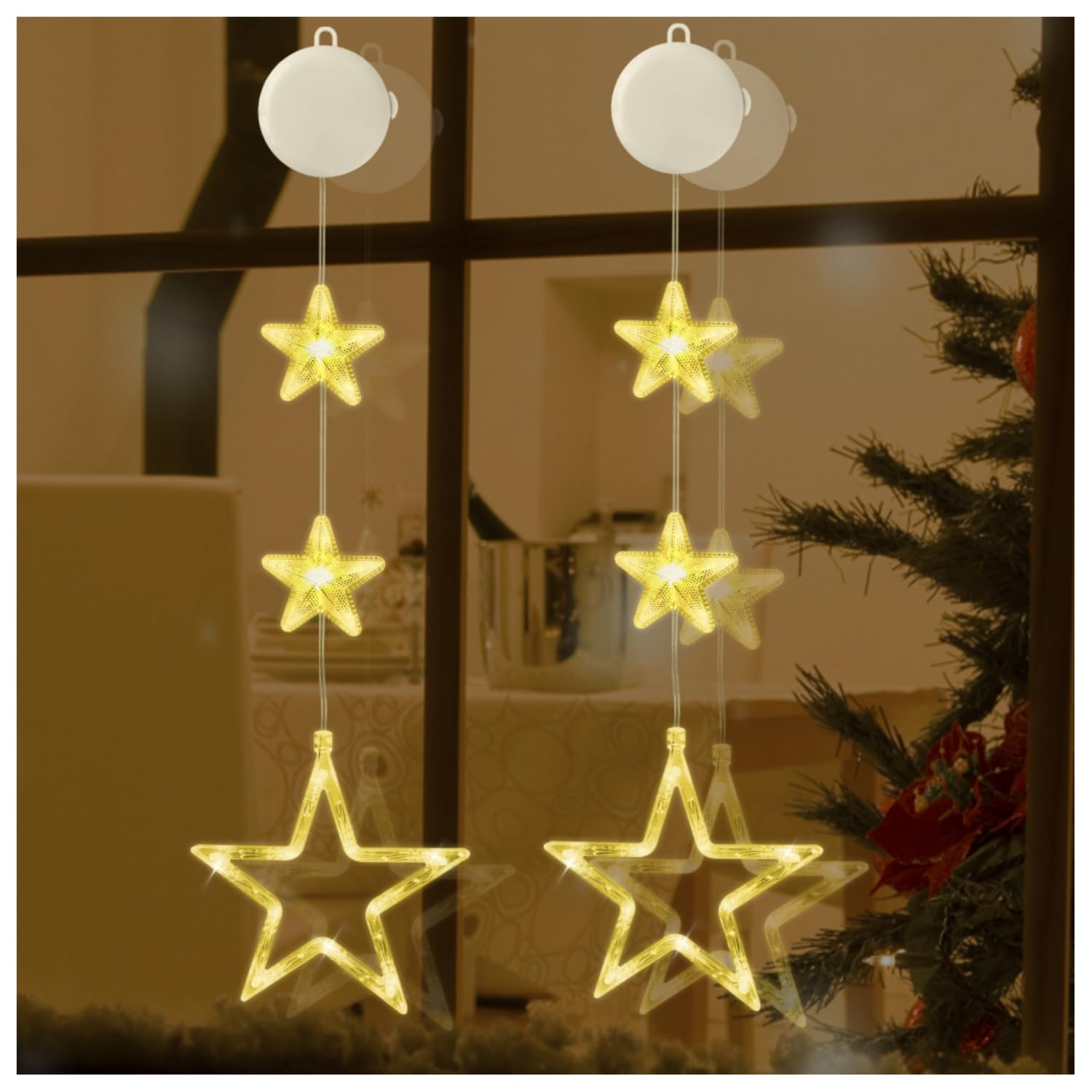 Led-lichterkette In Sternform, 2 Stück Mit Saugnapf, Timer, Batteriebetrieben, Zum Aufhängen, Für Weihnachtsdekoration, Partys Und Hochzeiten