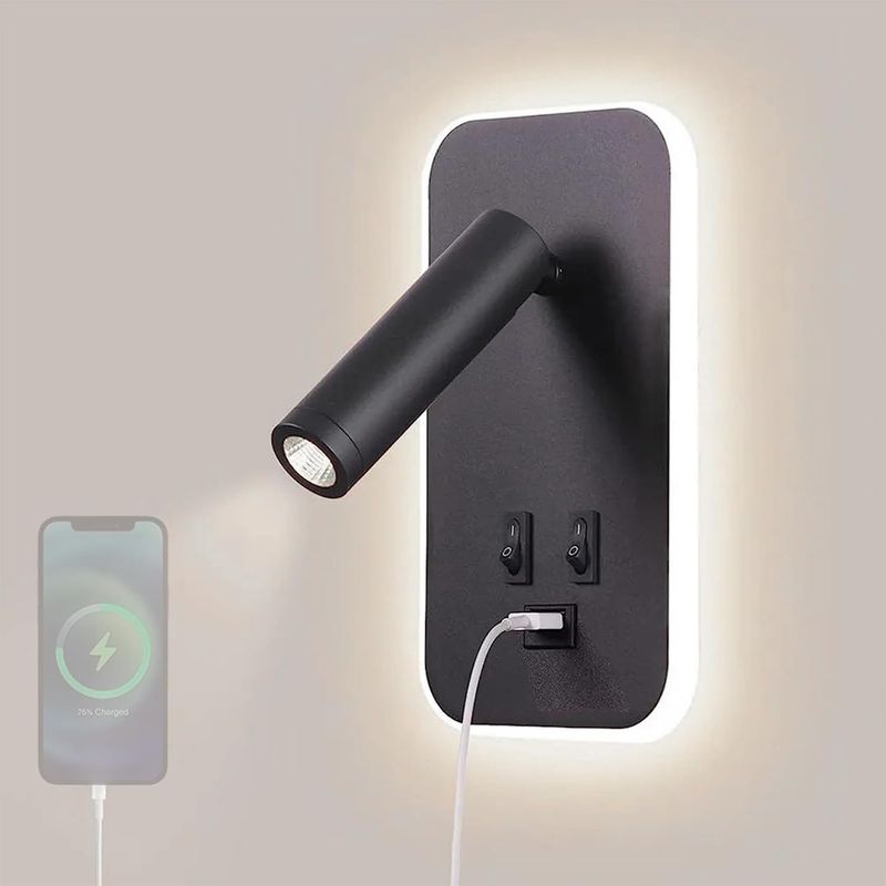 Led-wandleuchte Mit Usb-anschluss Und Schalter, Um 330° Drehbare Nachttischlampe, Schwarzes Rechteck, Weißes Licht, Für Wohn- Und Schlafzimmer