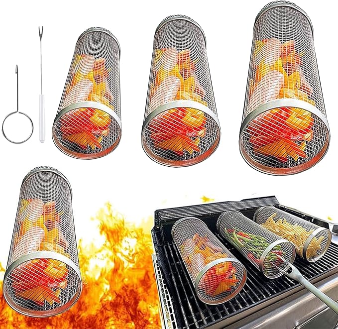 3-teiliger Drehbarer Grillkorb, Grillkorb Aus Edelstahl, Grillzubehör Für Outdoor-grillen, Camping Und Picknick, Küchenutensilien, Grillkäfig