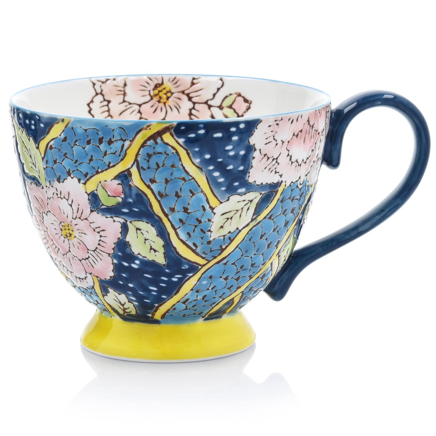 Blumenmuster-steingutbecher 350 Ml, Marineblau Und Gelb, Floristenladen