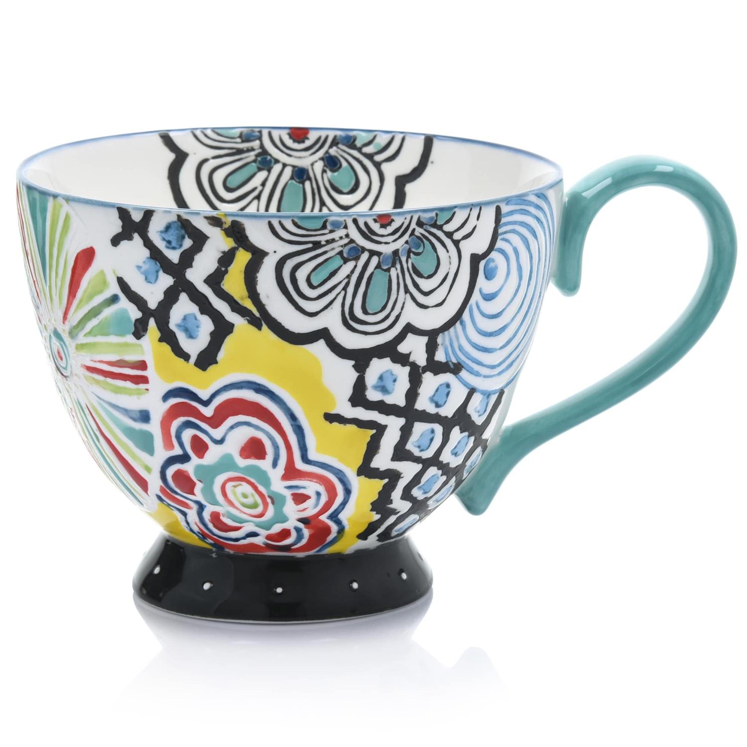 Becher Mit Blumenmuster, 350 Ml, Steinzeug, Türkisgelb, Floristenduka