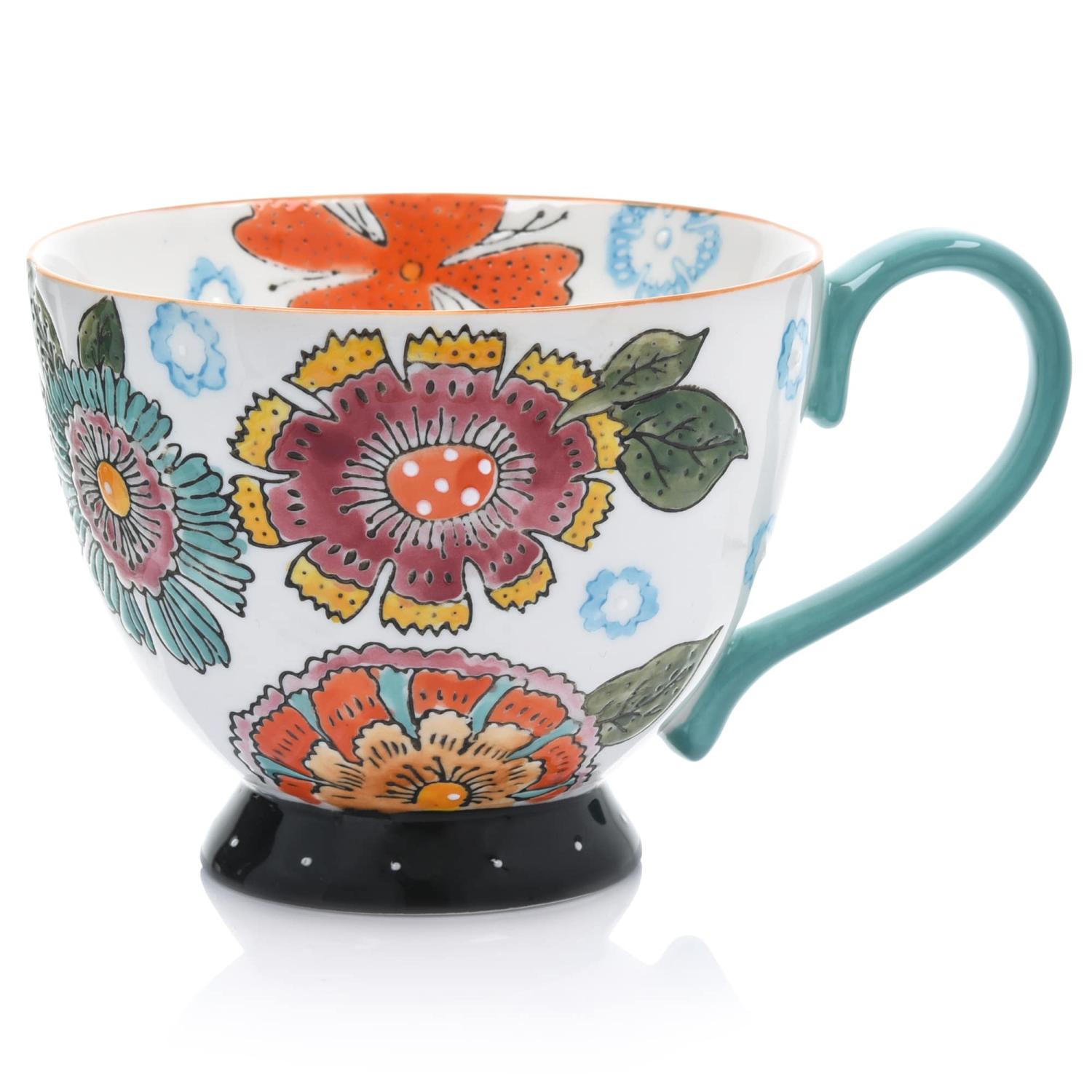 Tasse Mit Blumenmuster, 350 Ml, Weiß Und Türkis, Für Kaffee Und Tee, Florist Duka