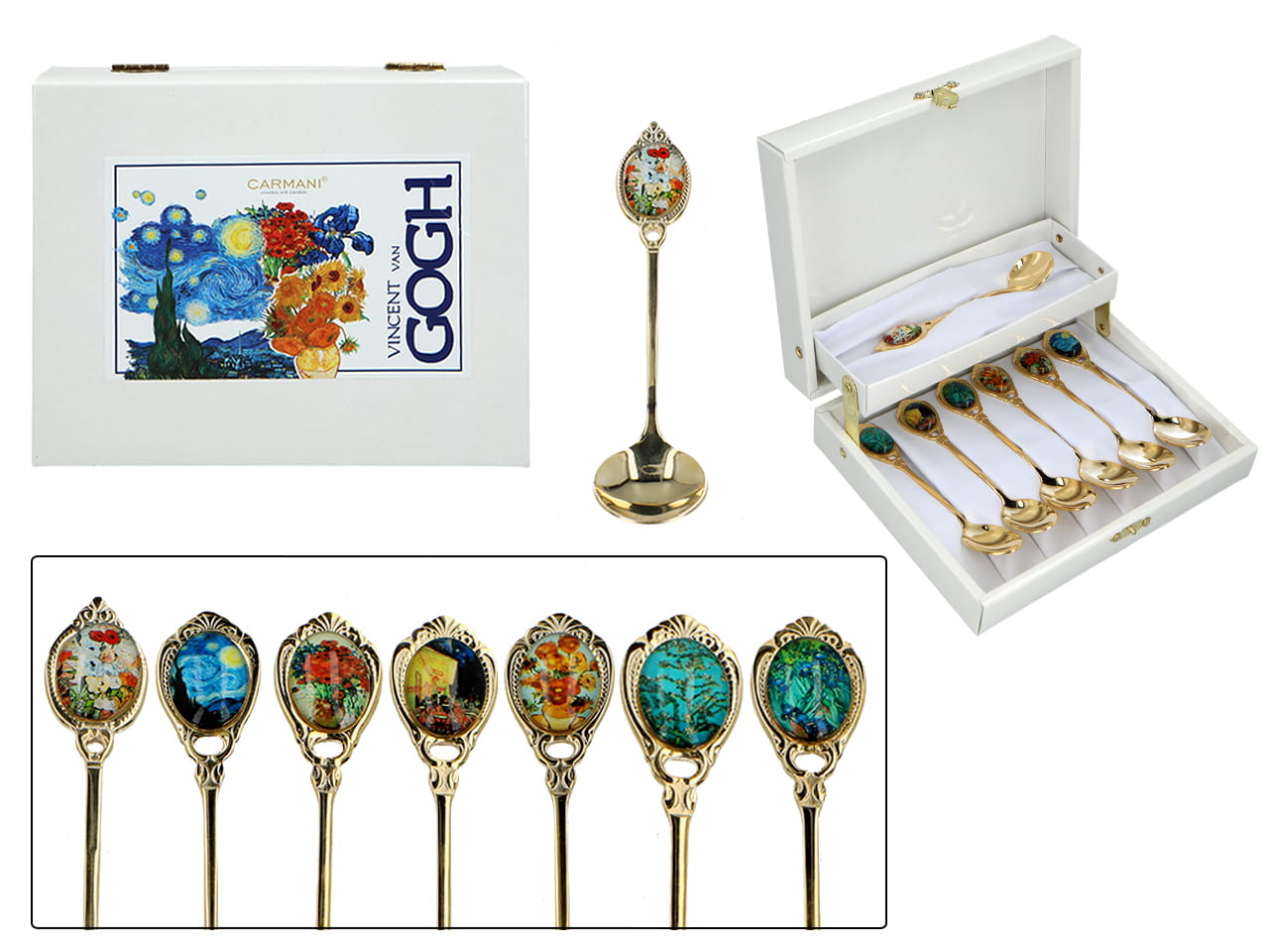 Carmani, Set Vergoldeter Löffel: 6x Teelöffel + 1x Zuckerlöffel - Van Gogh, Mischung
