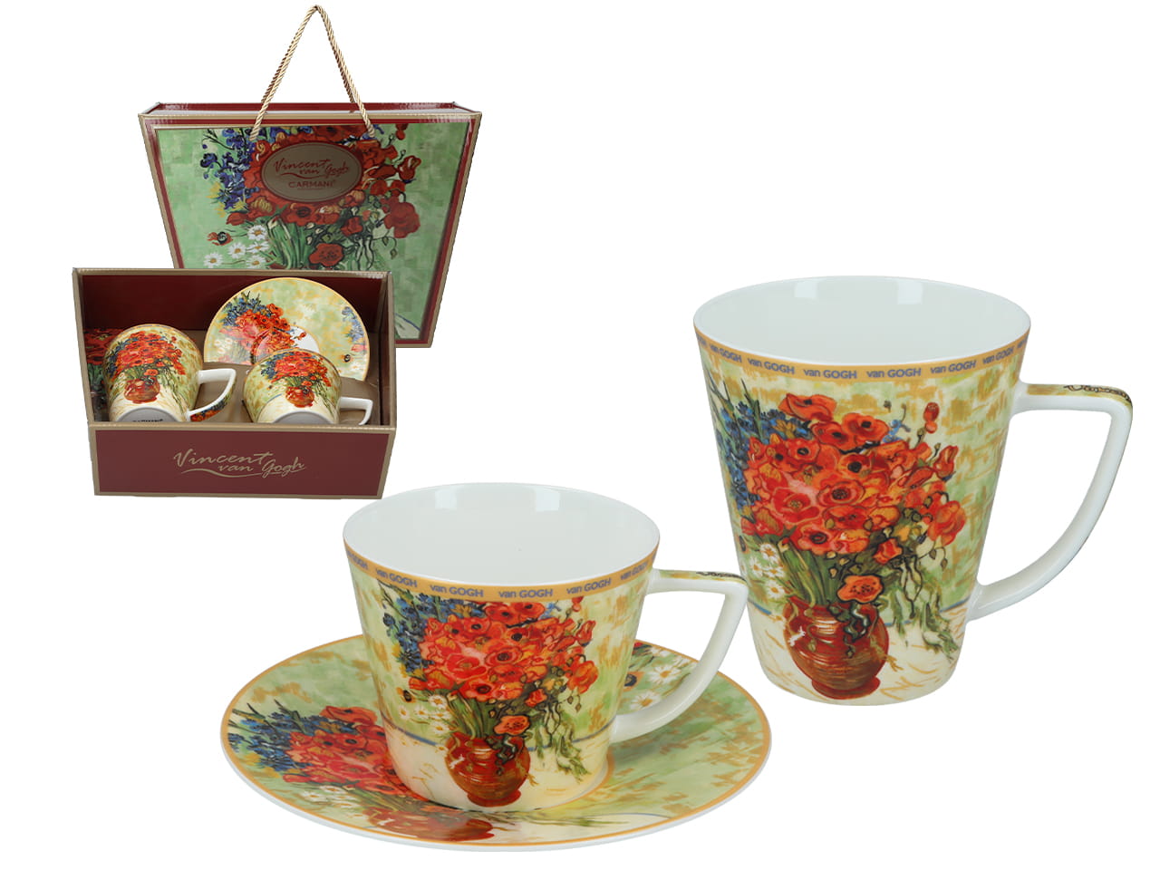Carmani, Set Für Zwei Personen: Tasse + Becher – Van Gogh/rote Mohnblumen Und Gänseblümchen