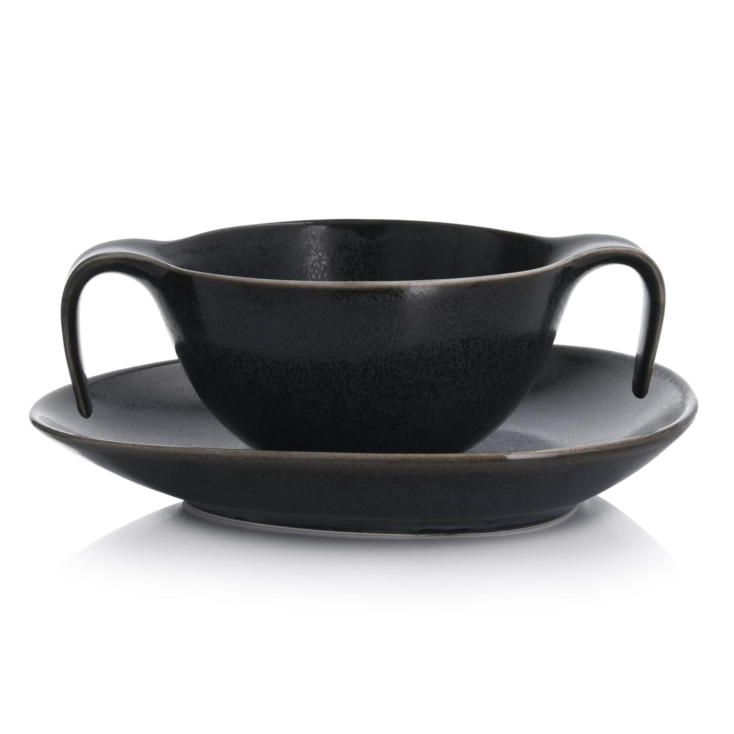 Time Schwarze Porzellan-bouillonschüssel Mit Untertasse 450 Ml Oval Schwarz
