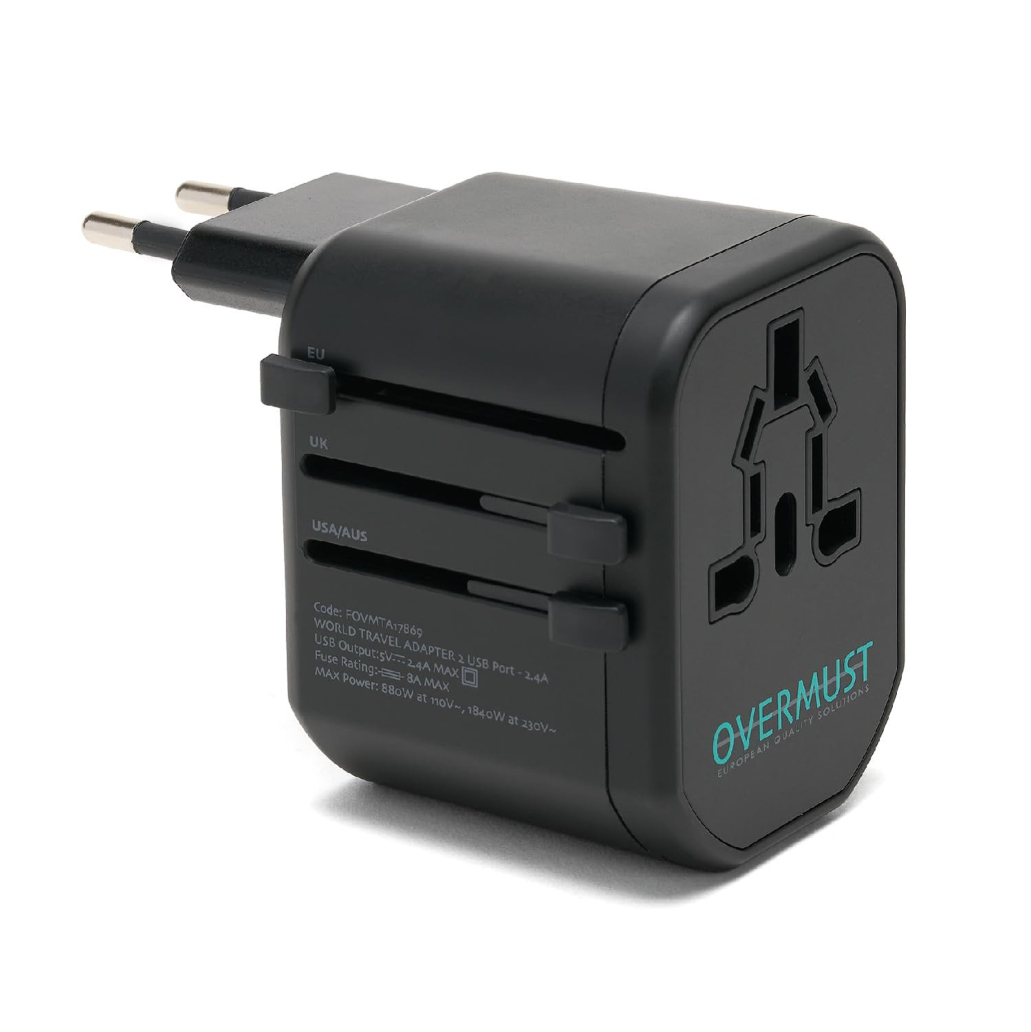 Overmust Universeller Reisestecker Mit 2 Usb-anschlüssen Uk/eu/usa/aus 110-240v Doppelte Sicherung 8a