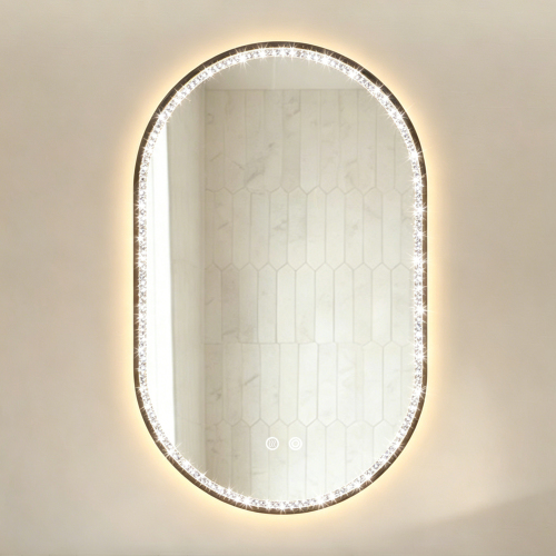 Ovales Badezimmer-spiegel 50x80 Cm Mit Led-beleuchtung, Anti-beschlag, 3 Farbtemperaturen Und Dimmbarer Helligkeit, Schwarzer Rahmen Mit Diamant-dekor