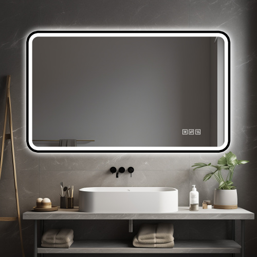 Led-badezimmerspiegel 60x100 Cm Mit Schwarzem Aluminiumrahmen, Vorder- Und Hintergrundbeleuchtung, Anti-beschlag, 3 Lichtfarben, Dimmbar, Speicherfunktion, Horizontal/vertikal Montierbar, Ip44 Wasserd