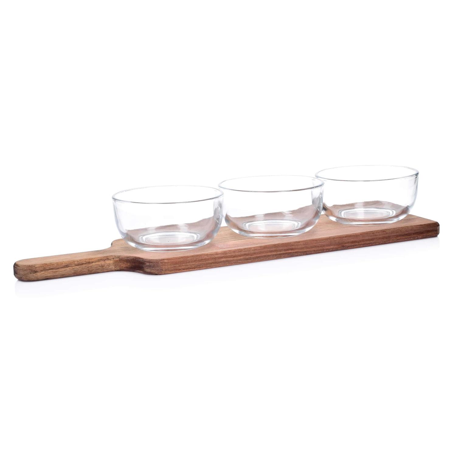 Set Aus 3 Glasschalen Auf Einem Holztablett, 12 Cm, Akazienholz