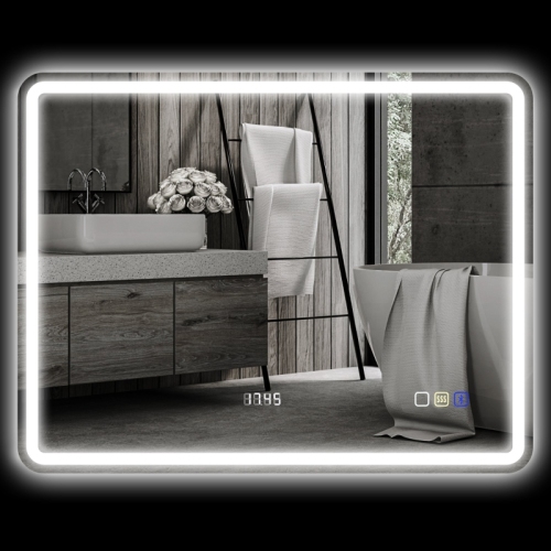 Led-badezimmerspiegel 70x90 Cm Mit Bluetooth, Uhr, Beschlagschutz, Touch-schalter, Speicherfunktion, Dreifarbiges Licht, Versilberter Wandspiegel
