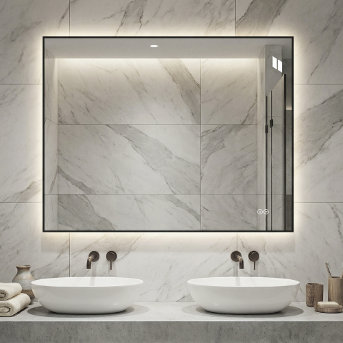 70x90 Cm Badezimmerspiegel Mit Aluminiumrahmen, Integrierte Led-beleuchtung, Beschlagfrei, 3 Lichtfarben, Stufenlos Dimmbar, Memory-funktion, 5 Mm Kupferfreier Silber-spiegel