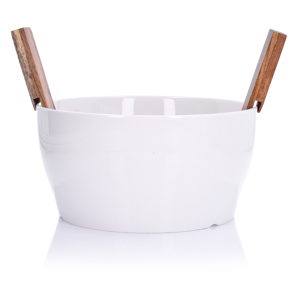 Salatschüssel Mit Besteck, Porzellan, 24 Cm, 3500 Ml, Akazienholz