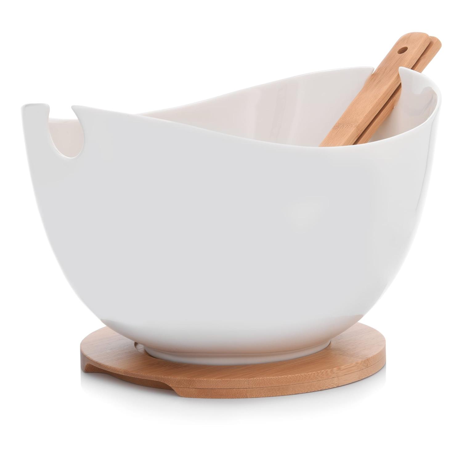 Salatschüssel Mit Besteck Und Bambusständer, 28 Cm, Weiß, Duka