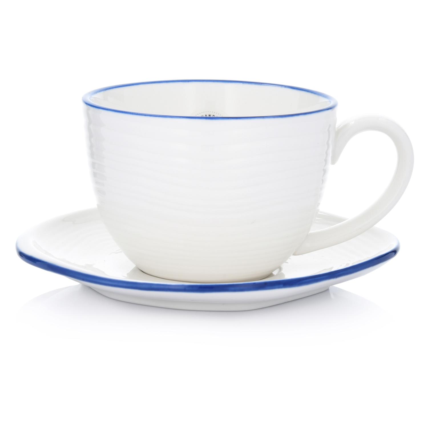 Krog Duka Porzellantasse Mit Untertasse, 420 Ml, Weiß Und Marineblau