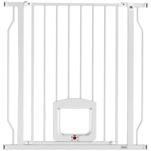Stahl-sicherheitstür Ohne Bohren Mit Katzenklappe, 75-85 Cm, Absperrgitter Für Hunde Und Treppen, Weiß