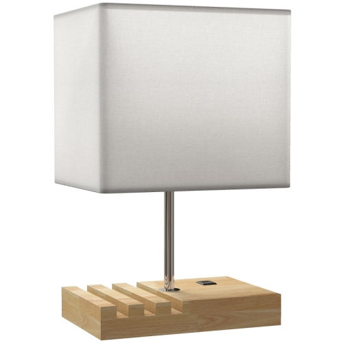 Holz-nachttischlampe Mit Stoff, Kippschalter, Usb-anschluss, Ablagefach, Weiß