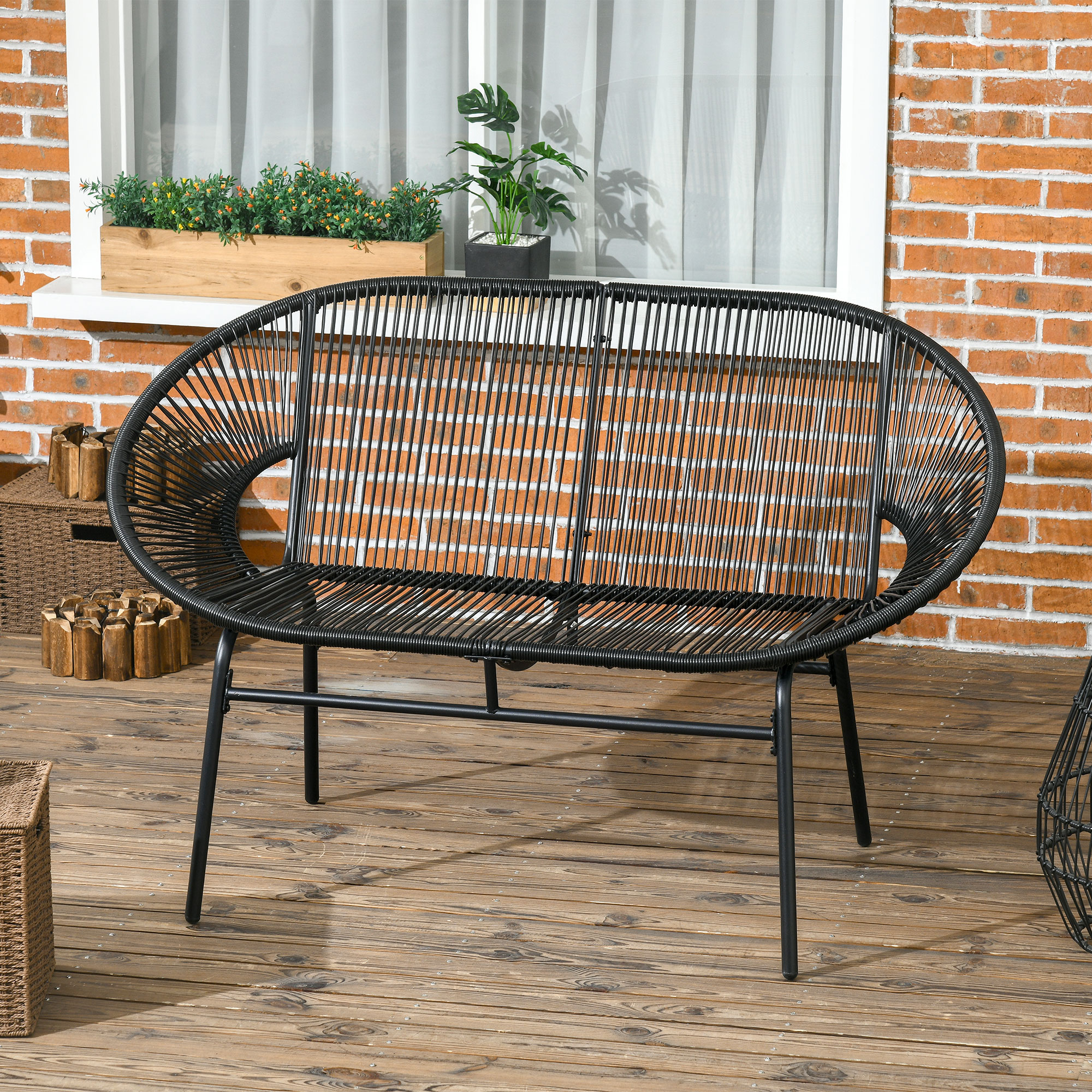 2-sitzer-gartenbank 132x72x83 Cm, Geschwungene Armlehnen, Hohe Rückenlehne, Bis 260 Kg, Pe-rattan, Schwarz