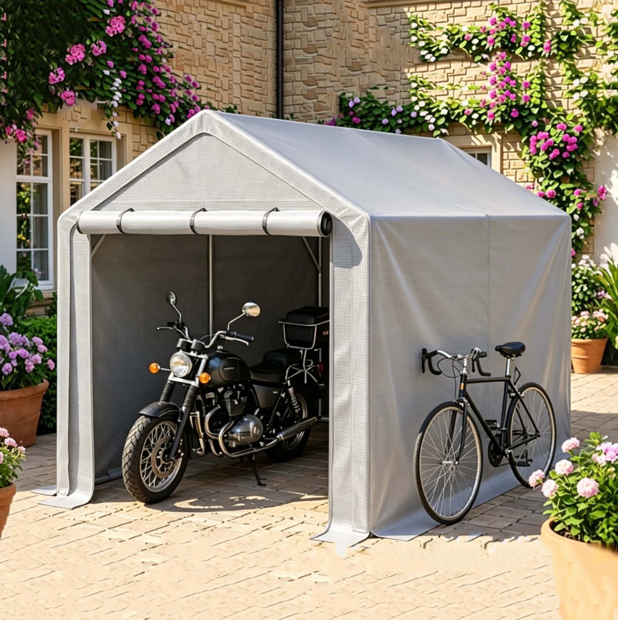 Fahrradgarage 296x190x200 Cm, Mit Rolltor, Wasserdicht, Uv-beständig, Verzinktes Stahlrohr, Dunkelgrau