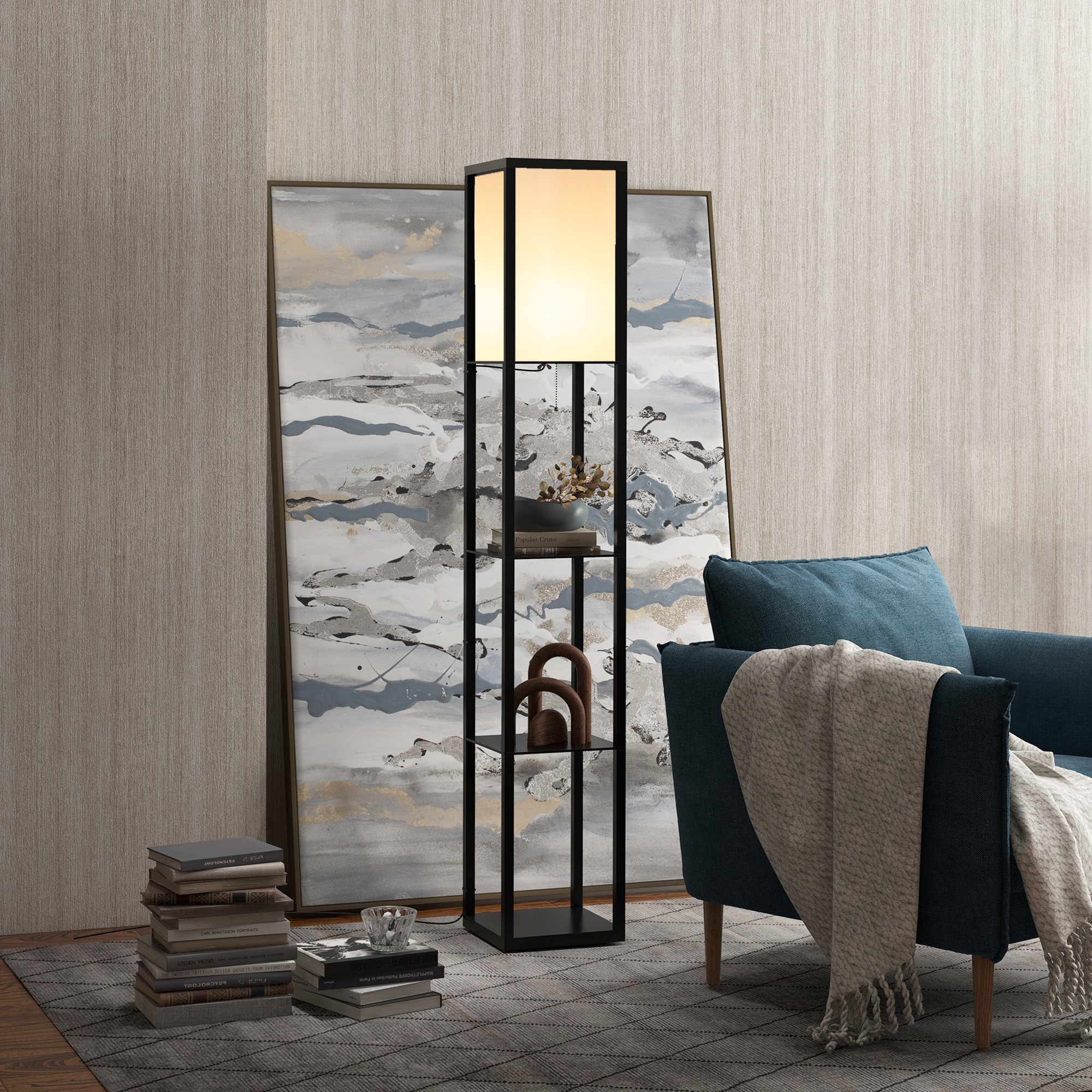 Stehlampe Mit Regalen (26 X 26 X 160 Cm), 3 Offene Fächer, Textillampenschirm, Mdf, Schwarz