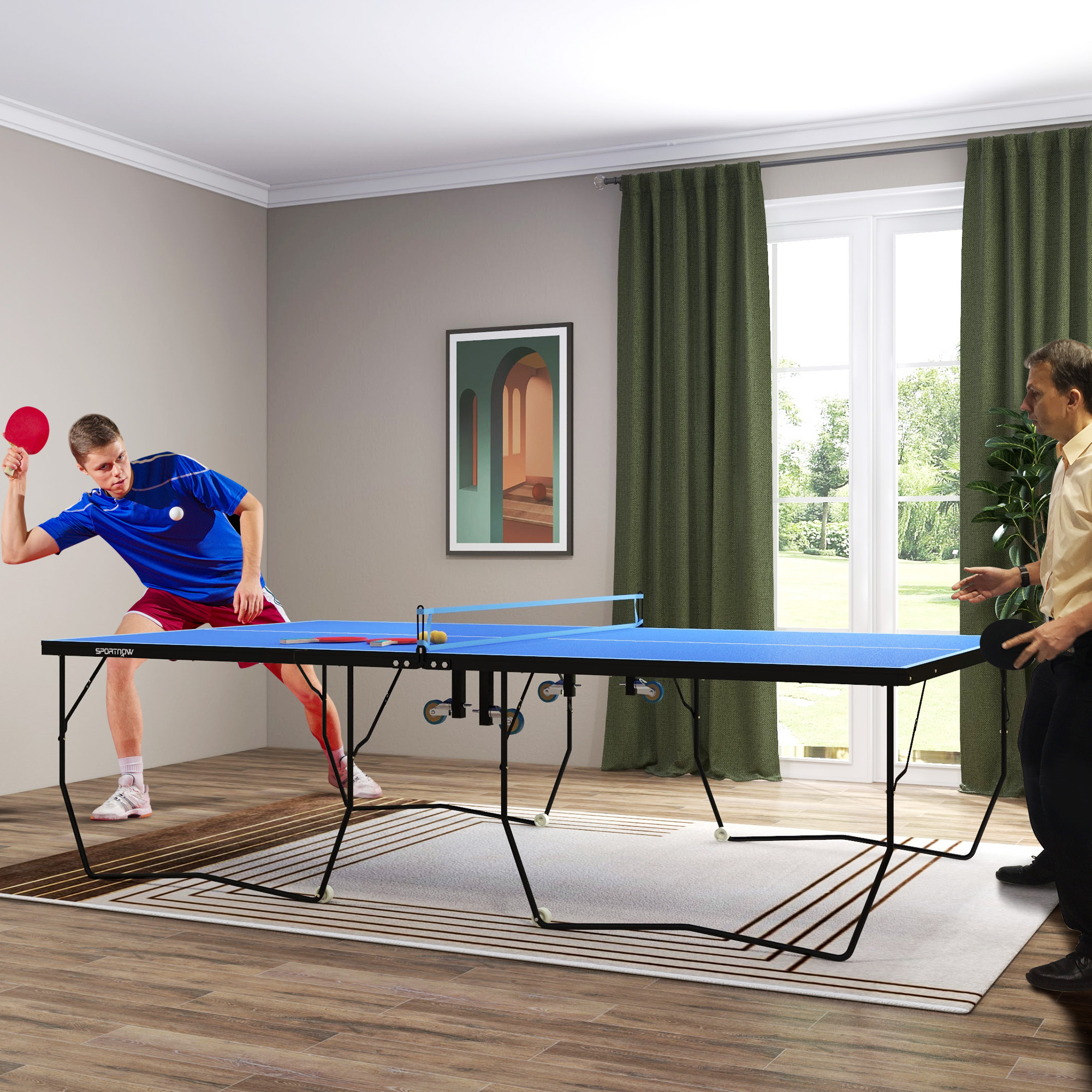 Tischtennisplatte (274x152.5x76 Cm), Klappbar, Mit Netz, Rollen, Schlägern Und Bällen, Mdf, Blau