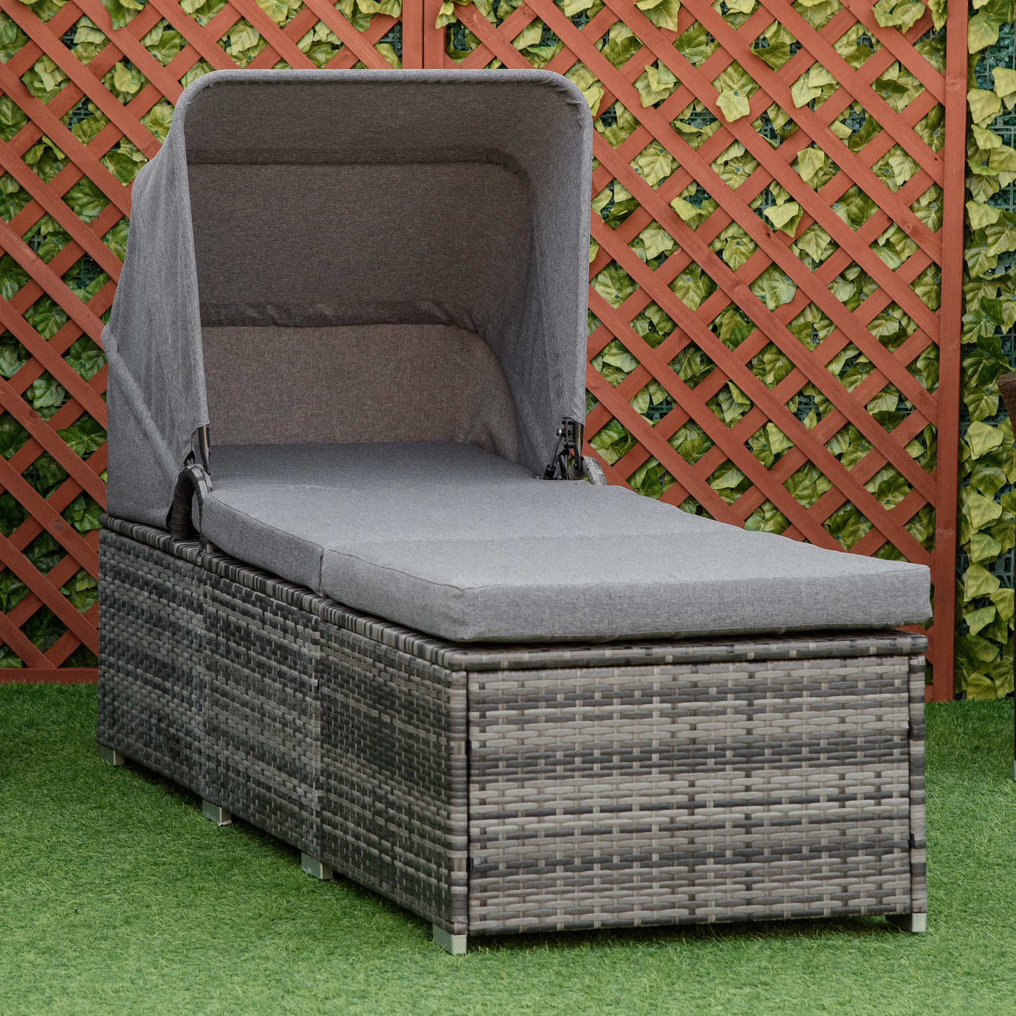 Sonnenliege (195x65x40 Cm), Mit Baldachin, Verstellbare Rückenlehne, Mit Kissen, Pe-rattan, Grau