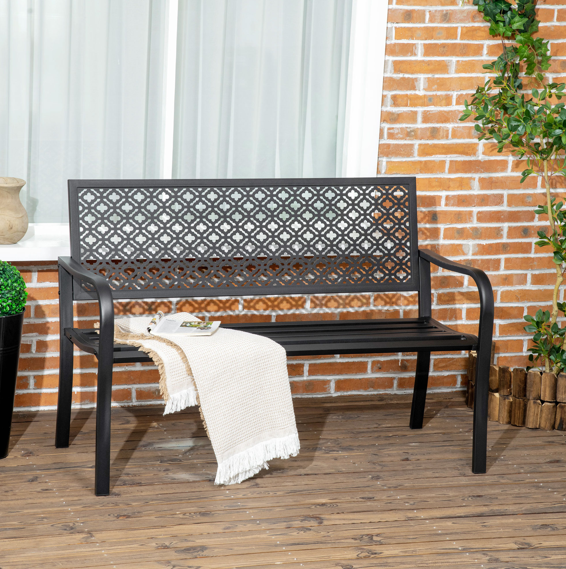 Gartenbank 127x63x83 Cm, Für 2 Personen, Mit Rückenlehne Und Armlehnen, Stahl, Schwarz