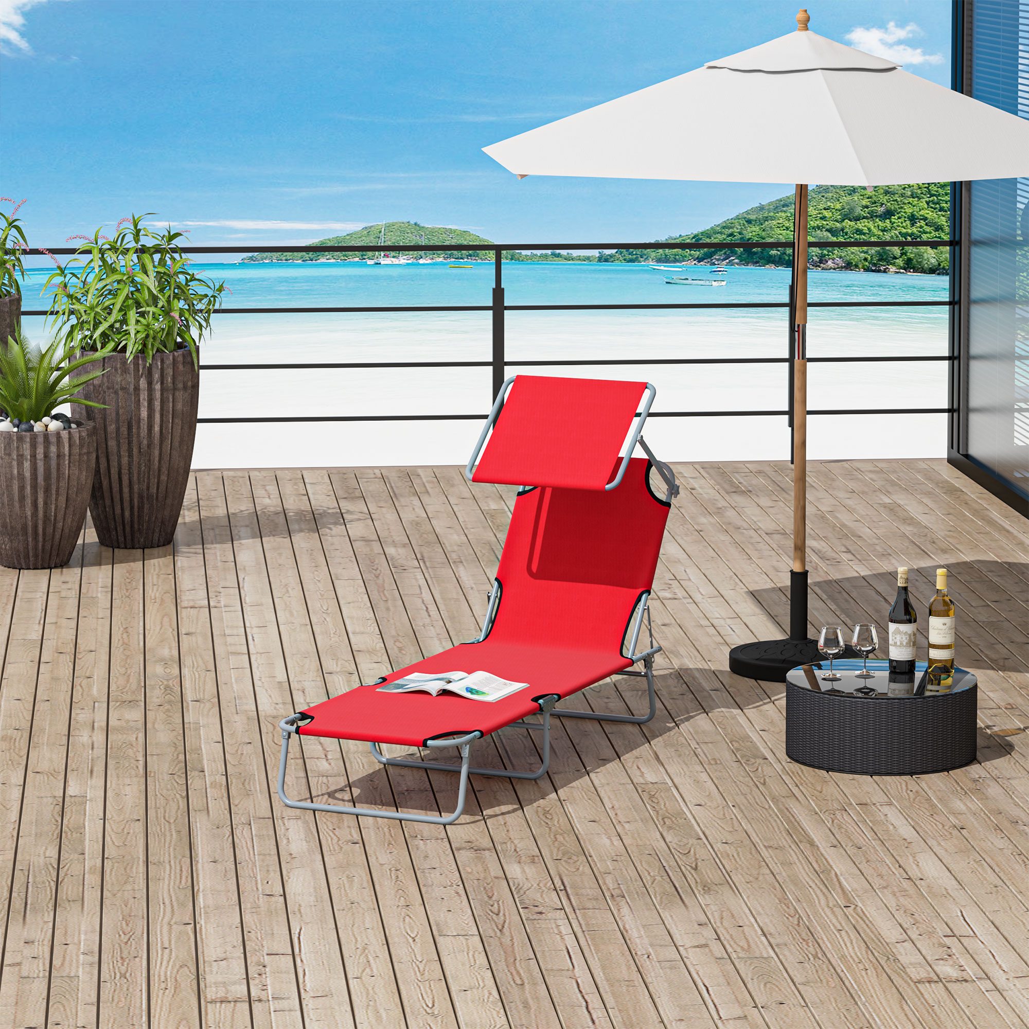 Sonnenliege Klappbar (187x58x36 Cm), Mit Verstellbarem Sonnenschutz, Aus Oxfordstoff, Rot