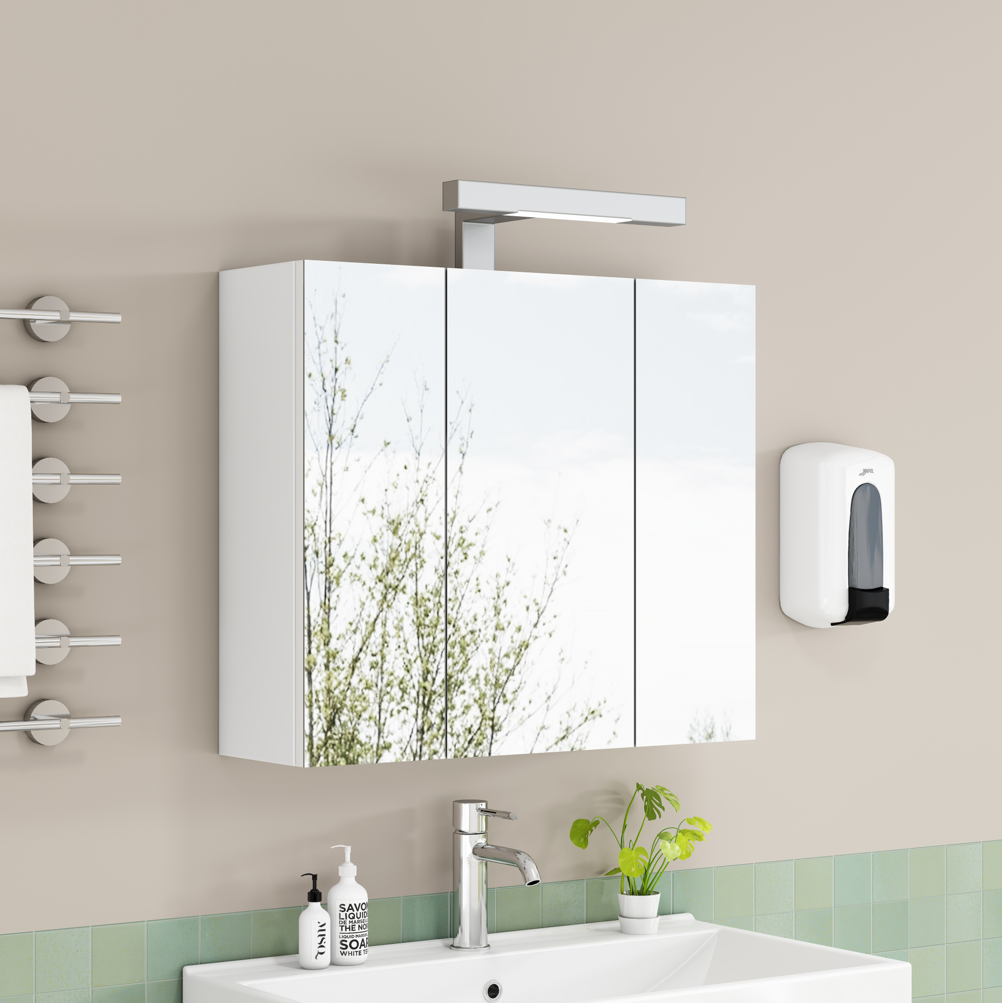 Spiegelschrank 66x24x58 Cm, 3 Türen, Led-beleuchtung, Steckdose, Mdf Und Glas, Weiß