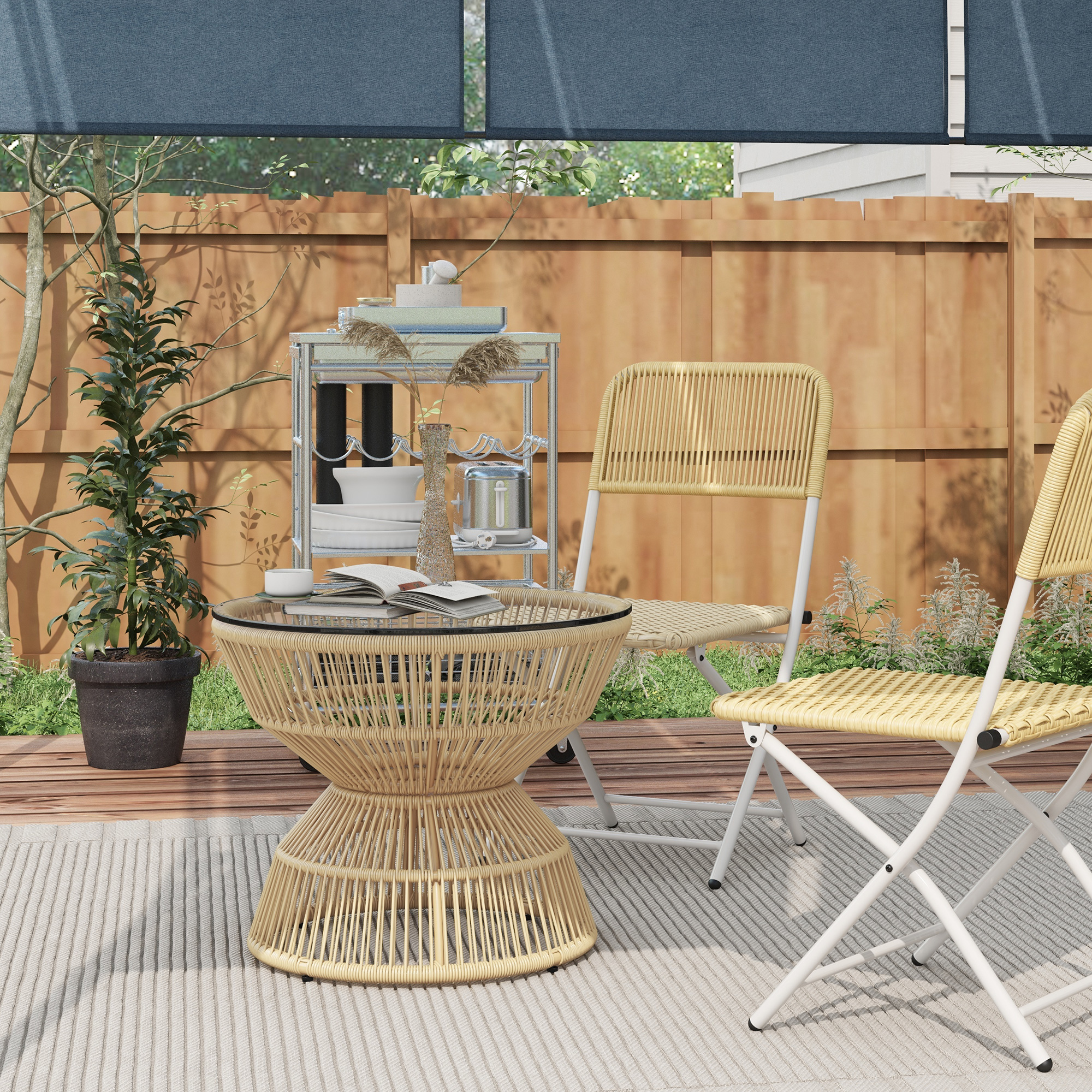 Beistelltisch (60x60x50 Cm), Mit Gehärteter Glasplatte, Pflegeleicht, Pe-rattan, Metall, Natural Wood