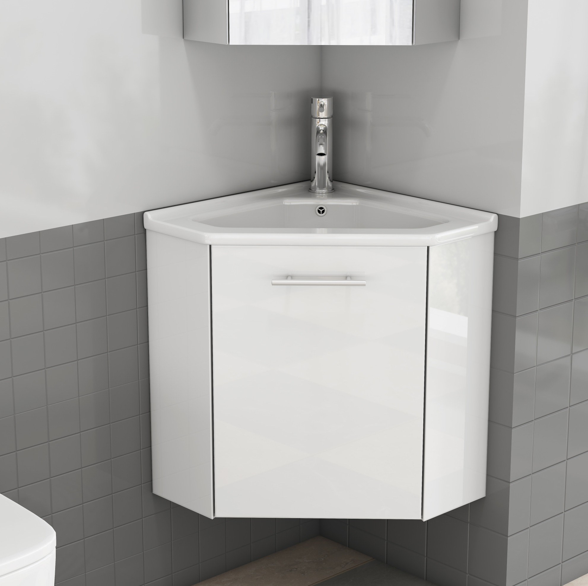 Eck-badezimmerschrank Mit Keramikwaschbecken, Platzsparend, Hochglanz, Mdf, Weiß
