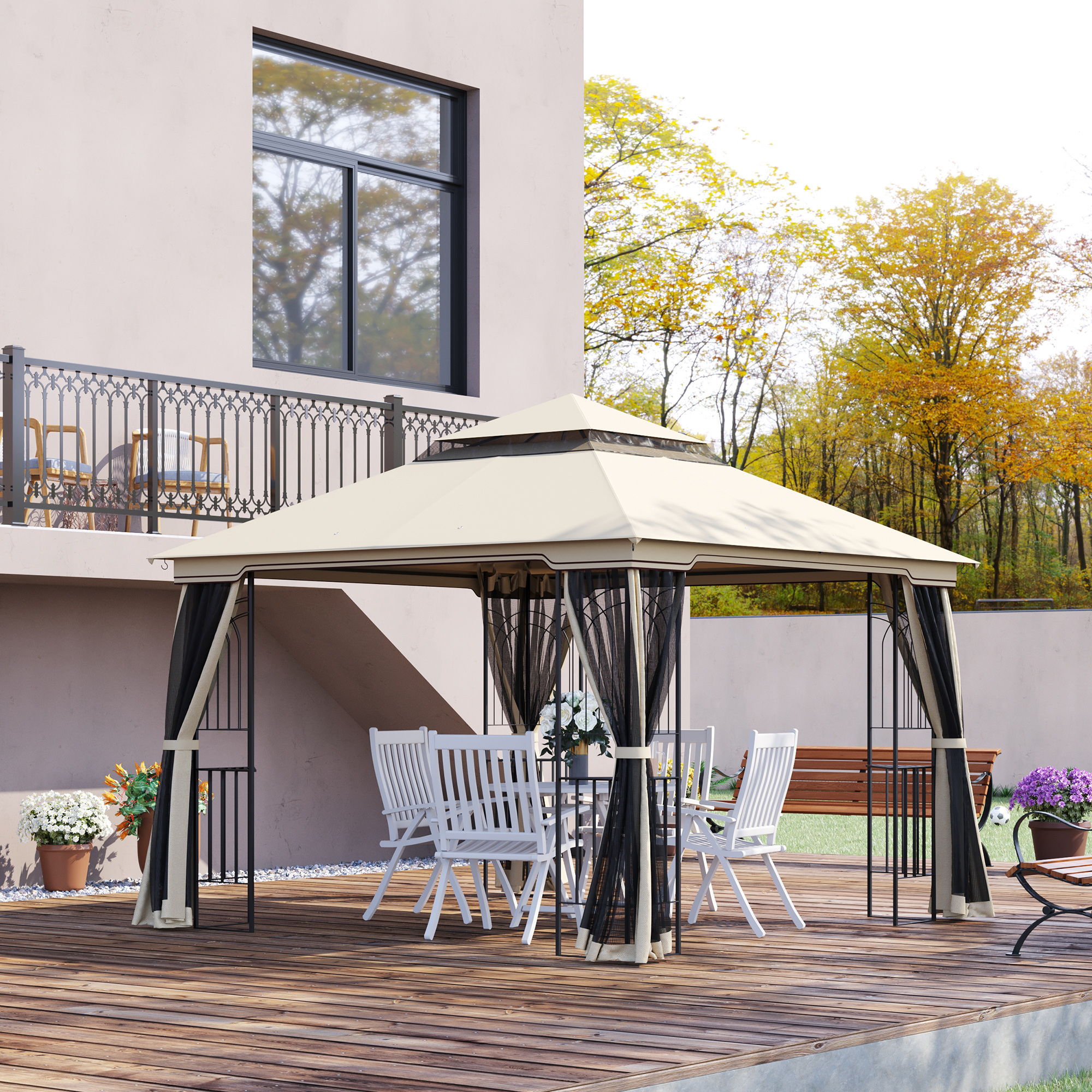 Gartenpavillon 299x299x274 Cm, Doppeldach, Vier Abnehmbare Seitenwände, Metall, Beige
