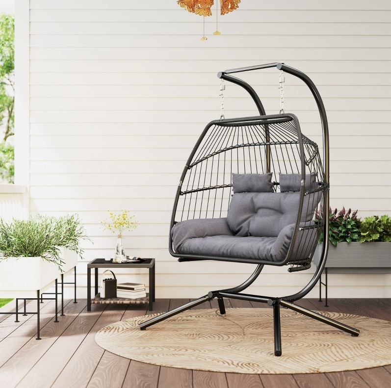 Redom Hängesessel Für 2 Personen, Klappbarer Hängekorb, Mit Kissen Und Kopfstütze, Rattan, Dunkelgrau