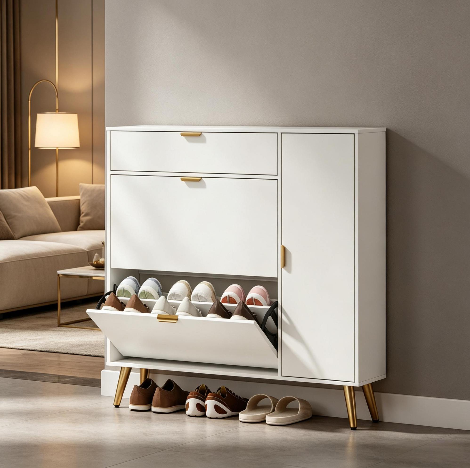 Schuhschrank (99.4x23.8x106.6 Cm), 2 Kippschränke, Aus Mdf Und Spanplatte, Weiß
