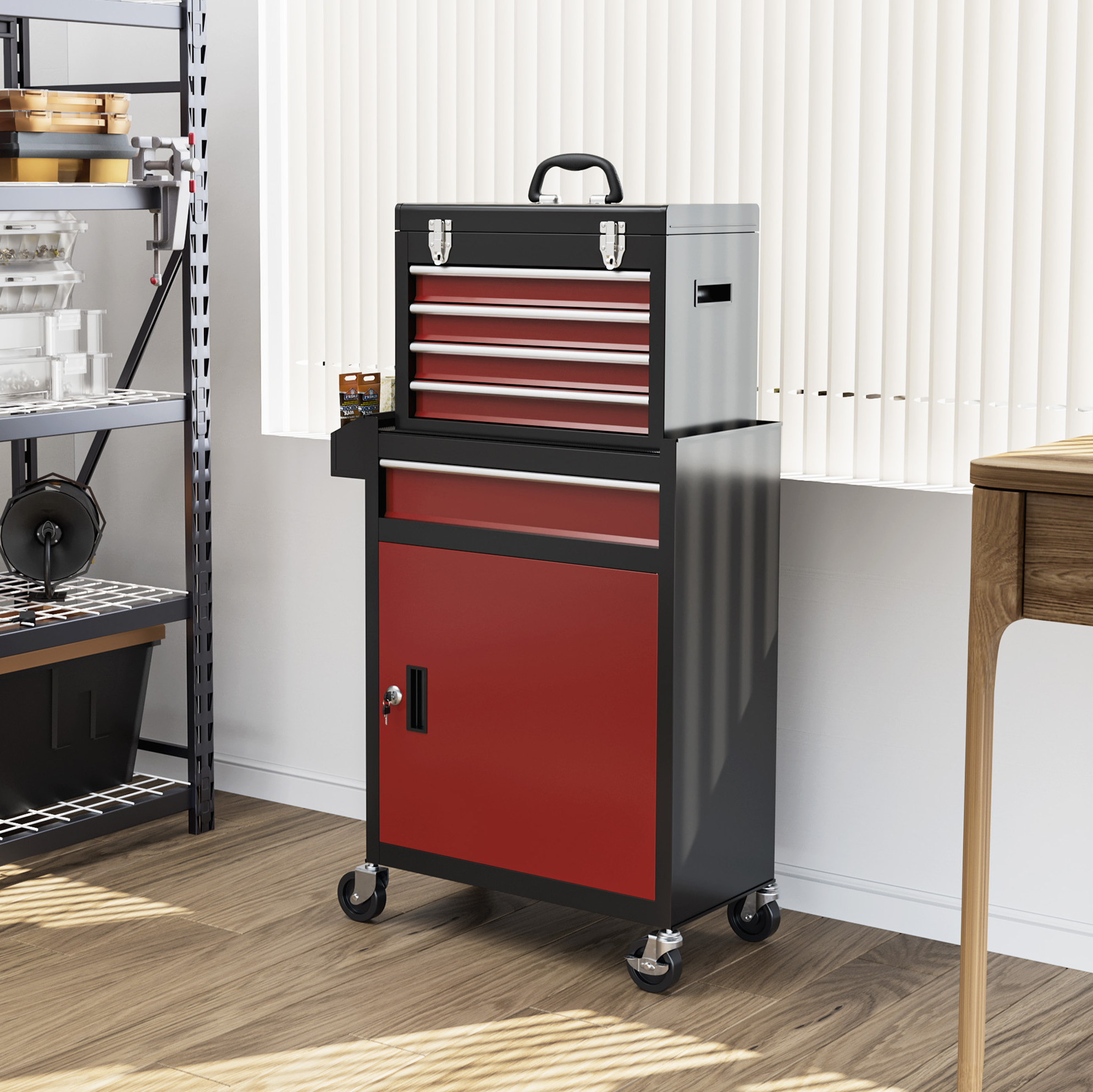Werkstattwagen Mit Rollen (60.5x34.8x81 Cm), 5 Schubladen, Abnehmbarer Aufsatz, Abschließbarer Unterschrank, Stahl, Rot