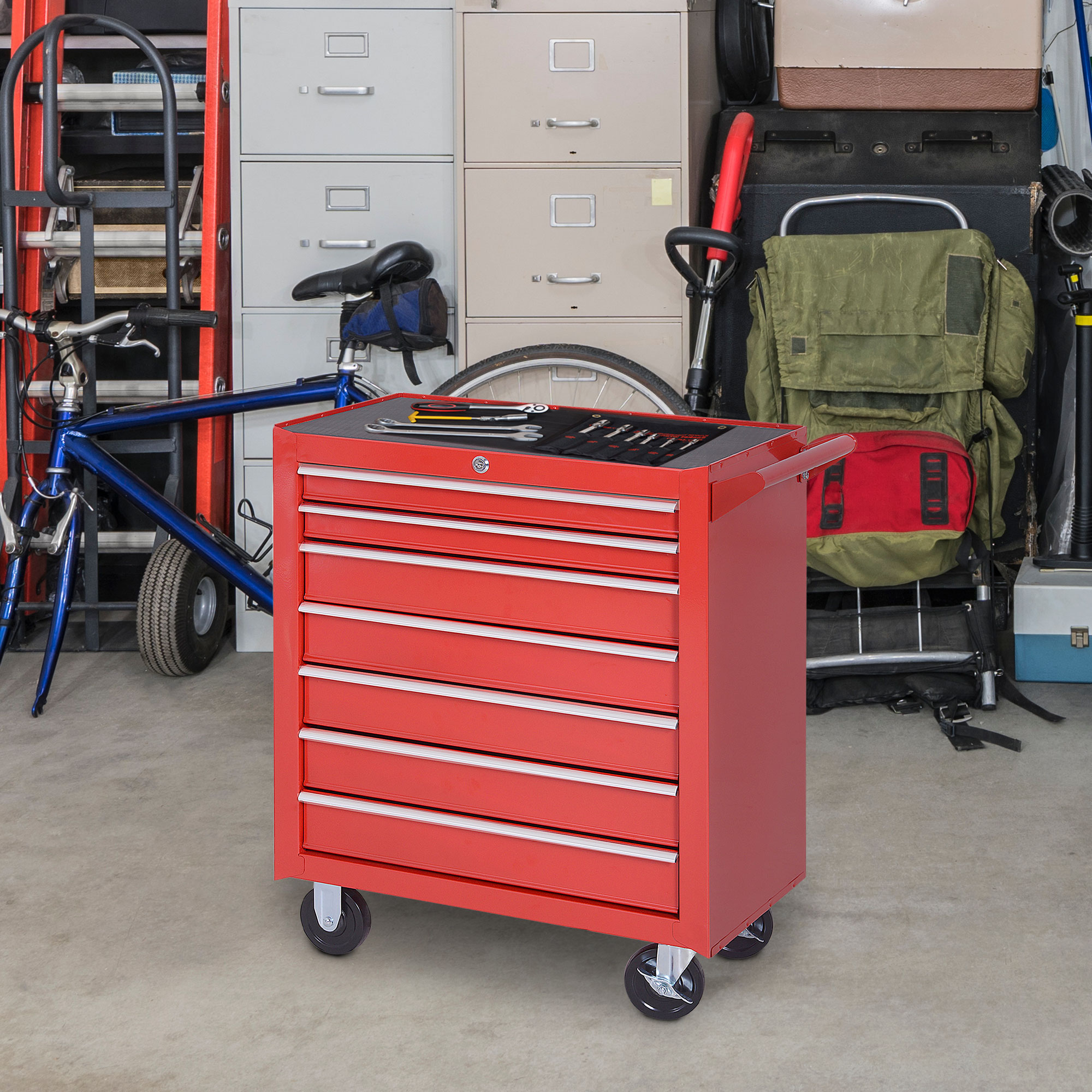 Werkzeugwagen Mit Rollen (67.0x37.0x71.0 Cm), 7 Schubladen, Abschließbar, Stahl, Rot