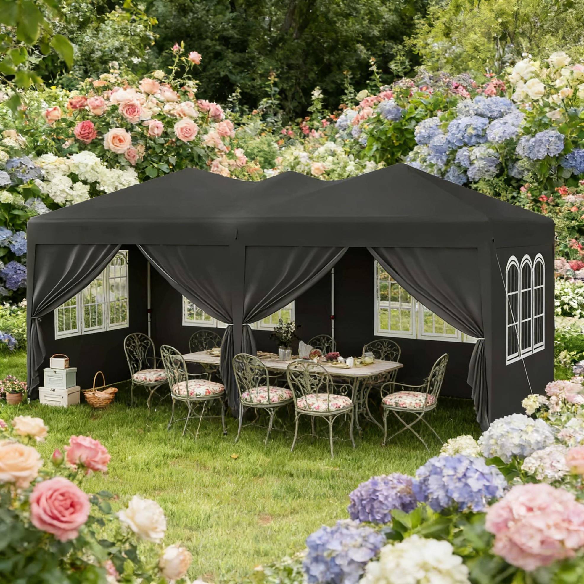 Pavillon 581x293x265 Cm, Pop Up, Uv Schutz, Wasserdicht, Oxford Gewebe, Grau