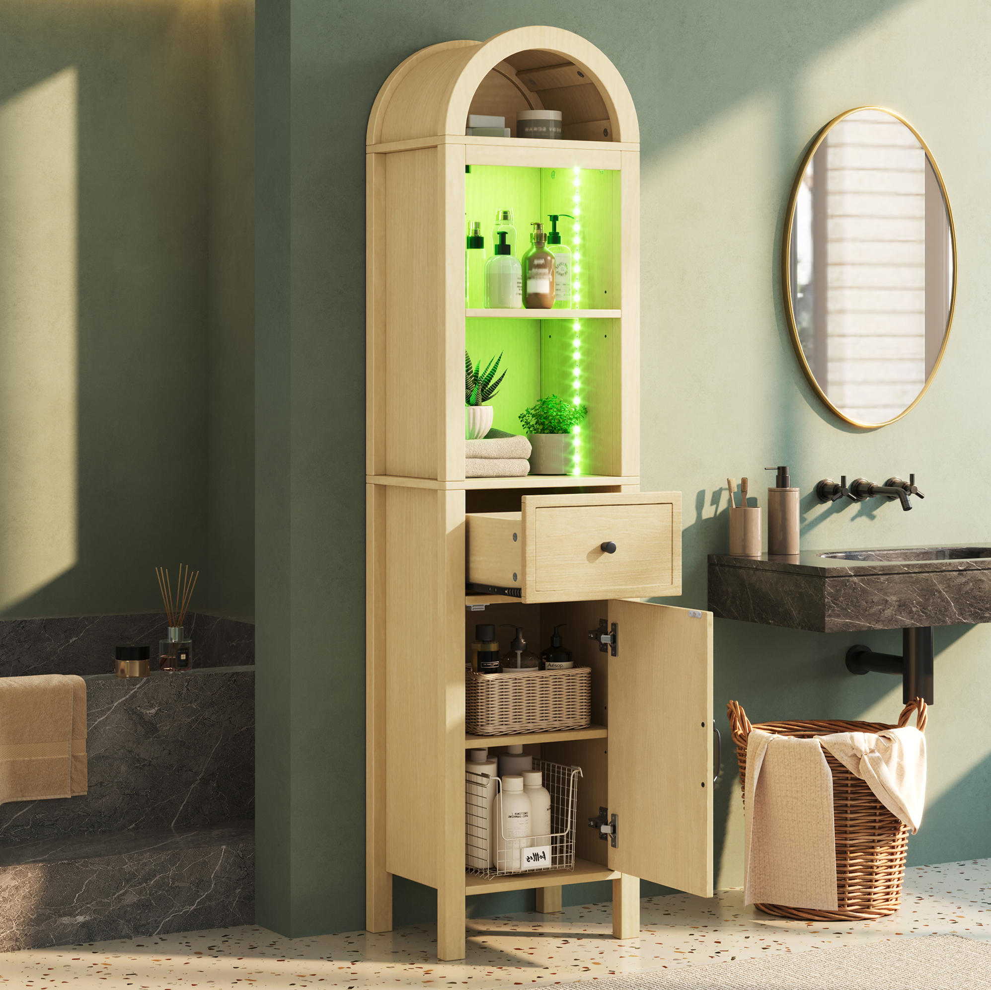 Badezimmerschrank Hochschrank 40x30x163 Cm, Mit Rgb Led Beleuchtung, Wendbaren Türen, Mdf, Naturholzfarben