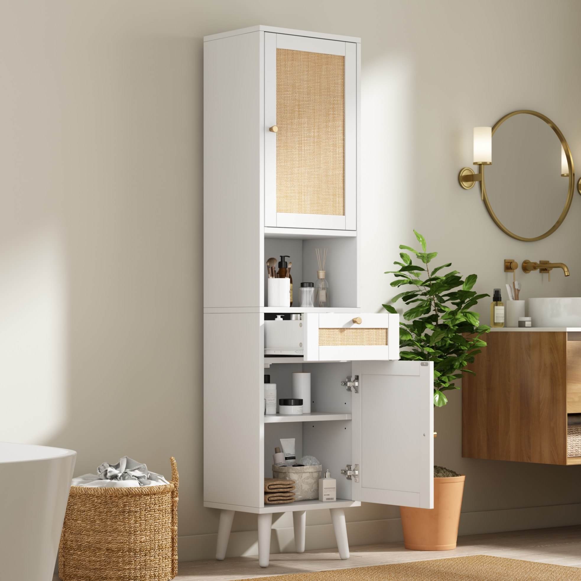 Hochschrank (40x30x166 Cm), Mit Rattan Türen, Schublade, Magnetverschluss, Mdf, Weiß