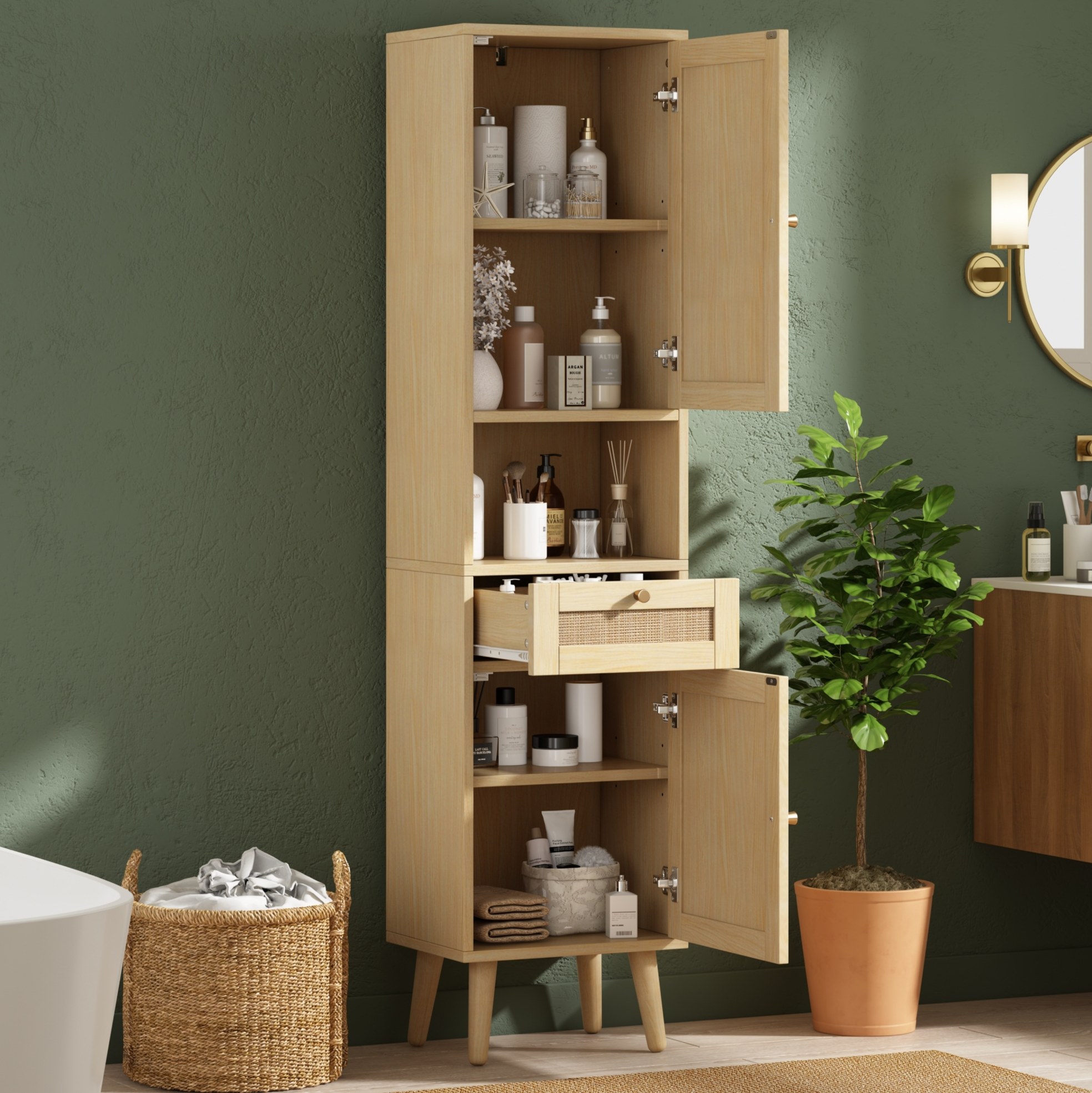 Badezimmerschrank (40x30x166 Cm), Mit Schublade, Wendbaren Türen, Soft Close Scharnieren, Mdf, Naturholzfarben