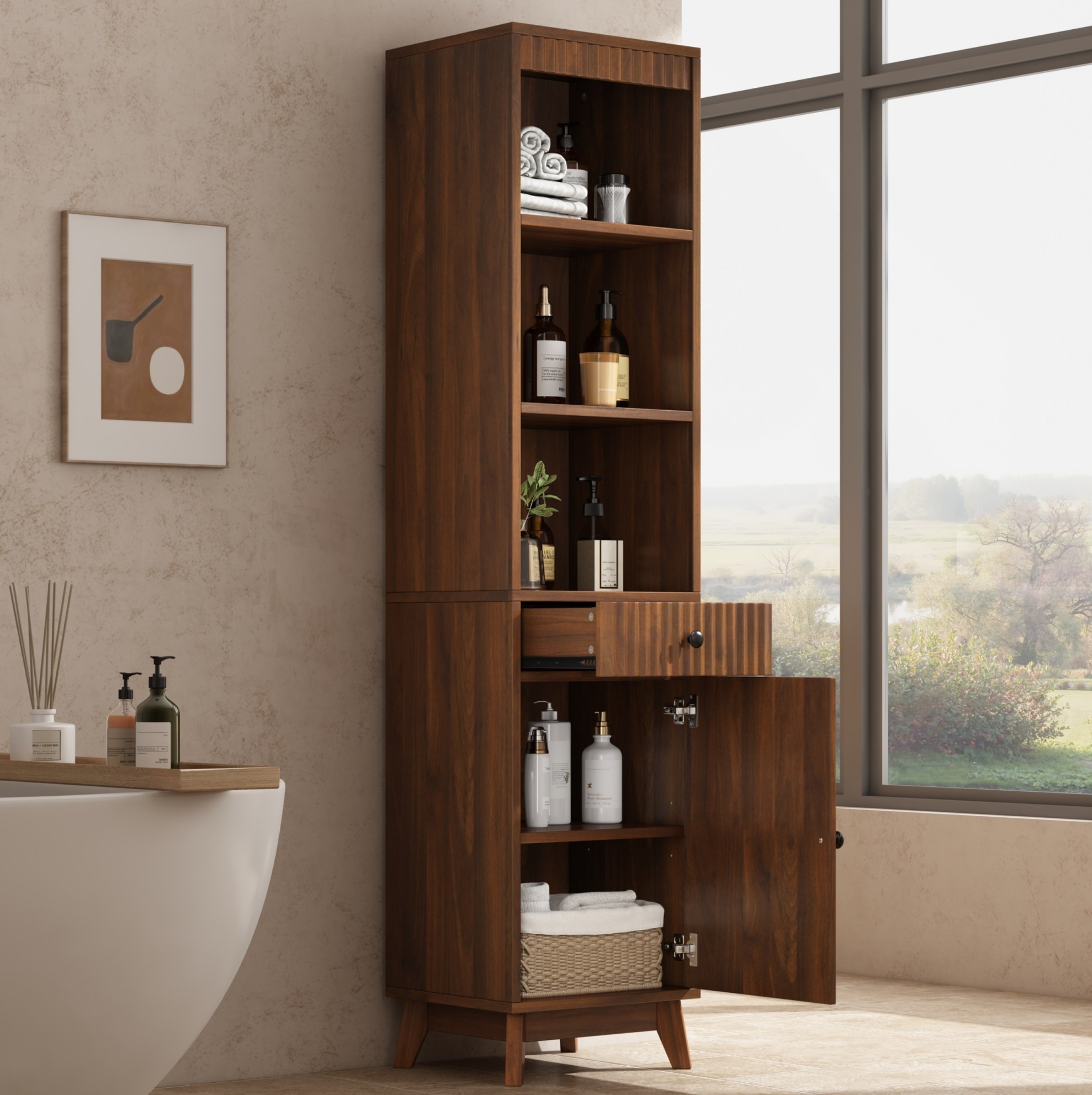 Badezimmerschrank (40x36x172 Cm), Mit Schublade, Wendbare Tür, Soft-close, Mdf, Walnuss