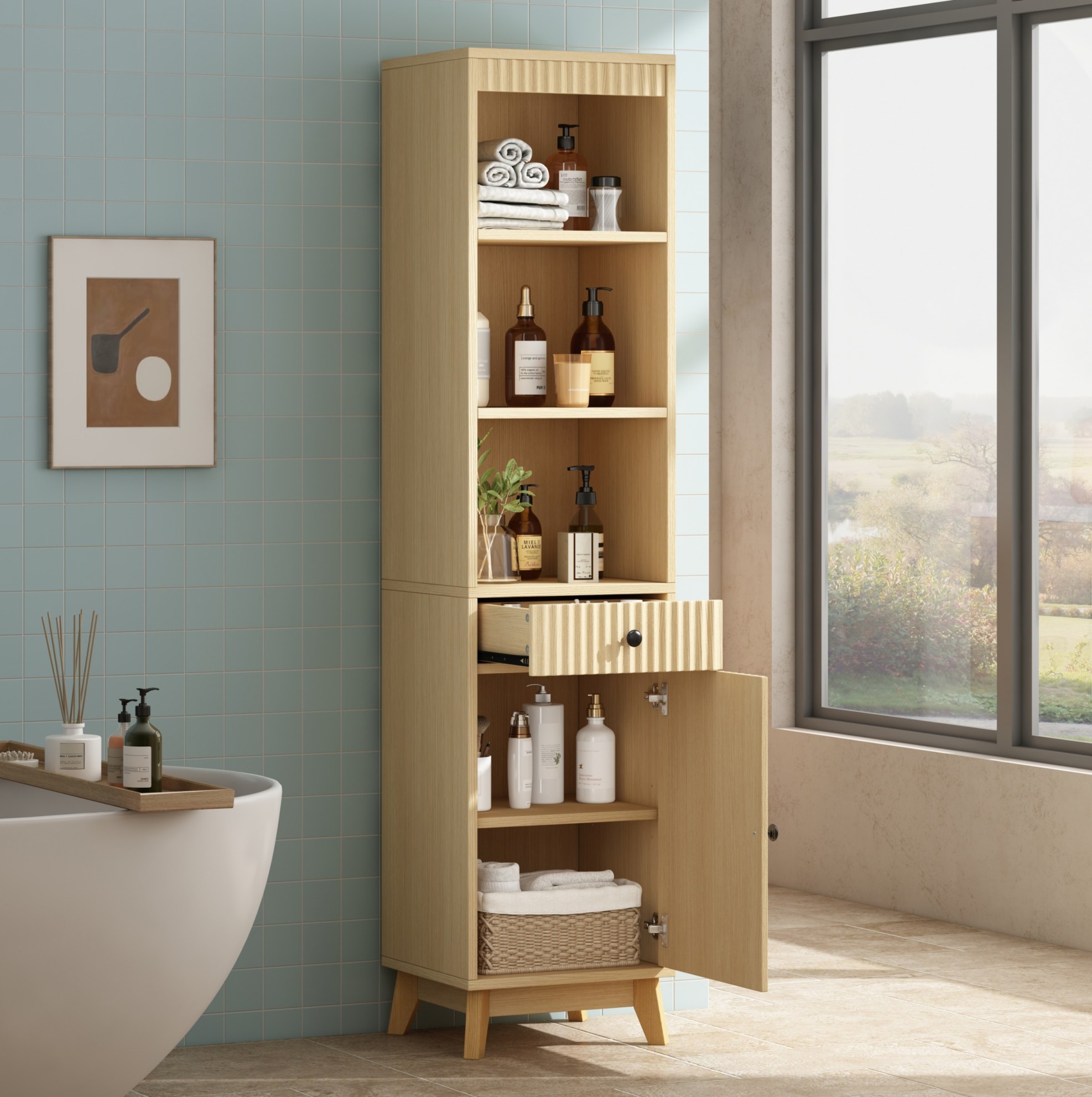 Badezimmerschrank 40x36x172 Cm Mit Schublade, Wendbarer Tür, Soft Close, Mdf, Naturholzfarben