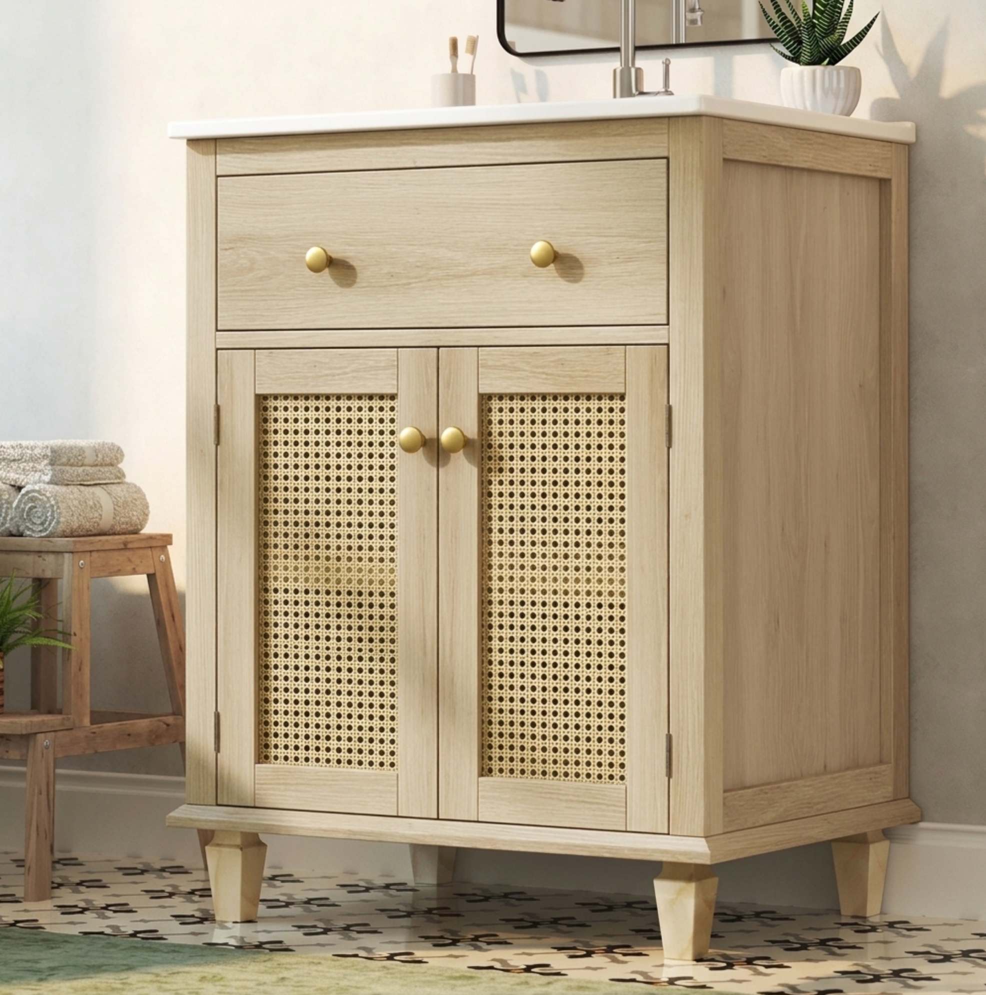 Waschtischschrank (61x47x87 Cm), Mit Klappschublade, Rattan-türen, Keramikwaschbecken, Mdf, Naturholzoptik
