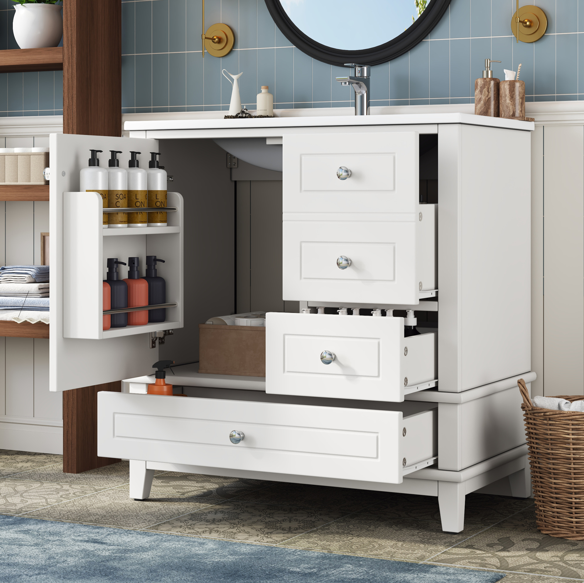 Freistehender Waschtischunterschrank (81 X 47 X 86 Cm), Mit 3 Schubladen, Soft-close-tür, Keramikbecken, Mdf, Weiß