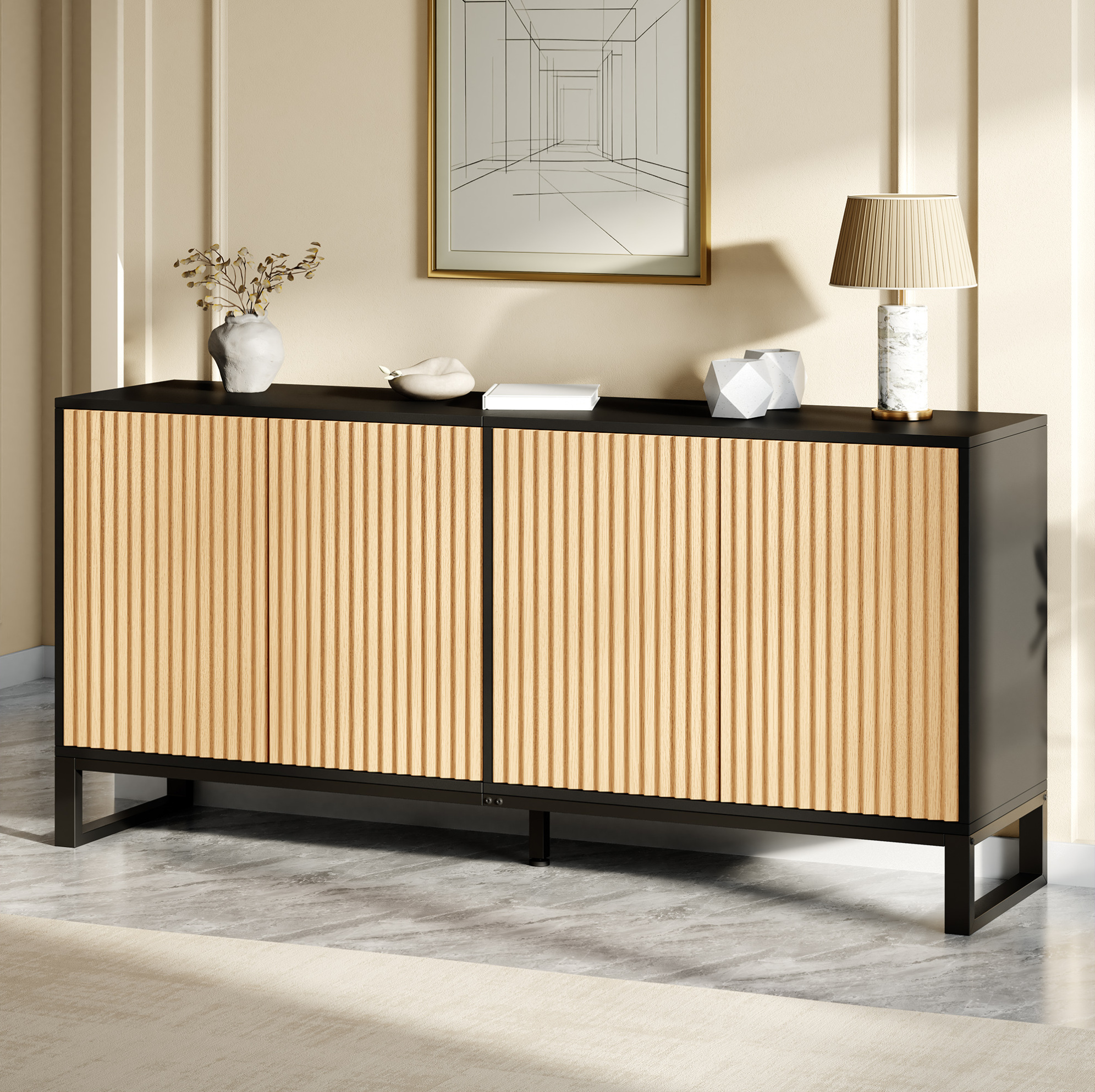 Sideboard Schuhschrank (160x40x75 Cm), 4 Türen, Höhenverstellbare Einlegeböden, Mdf Und Spanplatte, Schwarz Natur