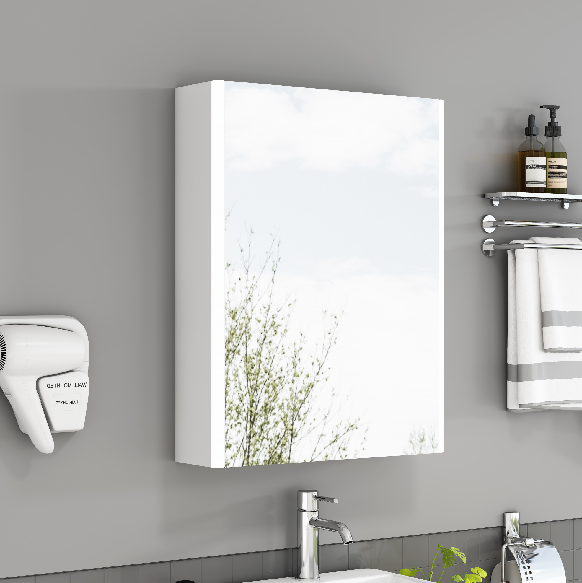 Spiegelschrank 57x20x74 Cm, Vormontiert, Mit Fächerförmigen Led Leuchten, Französischer Steckdose, Mdf Und Glas, Weiß