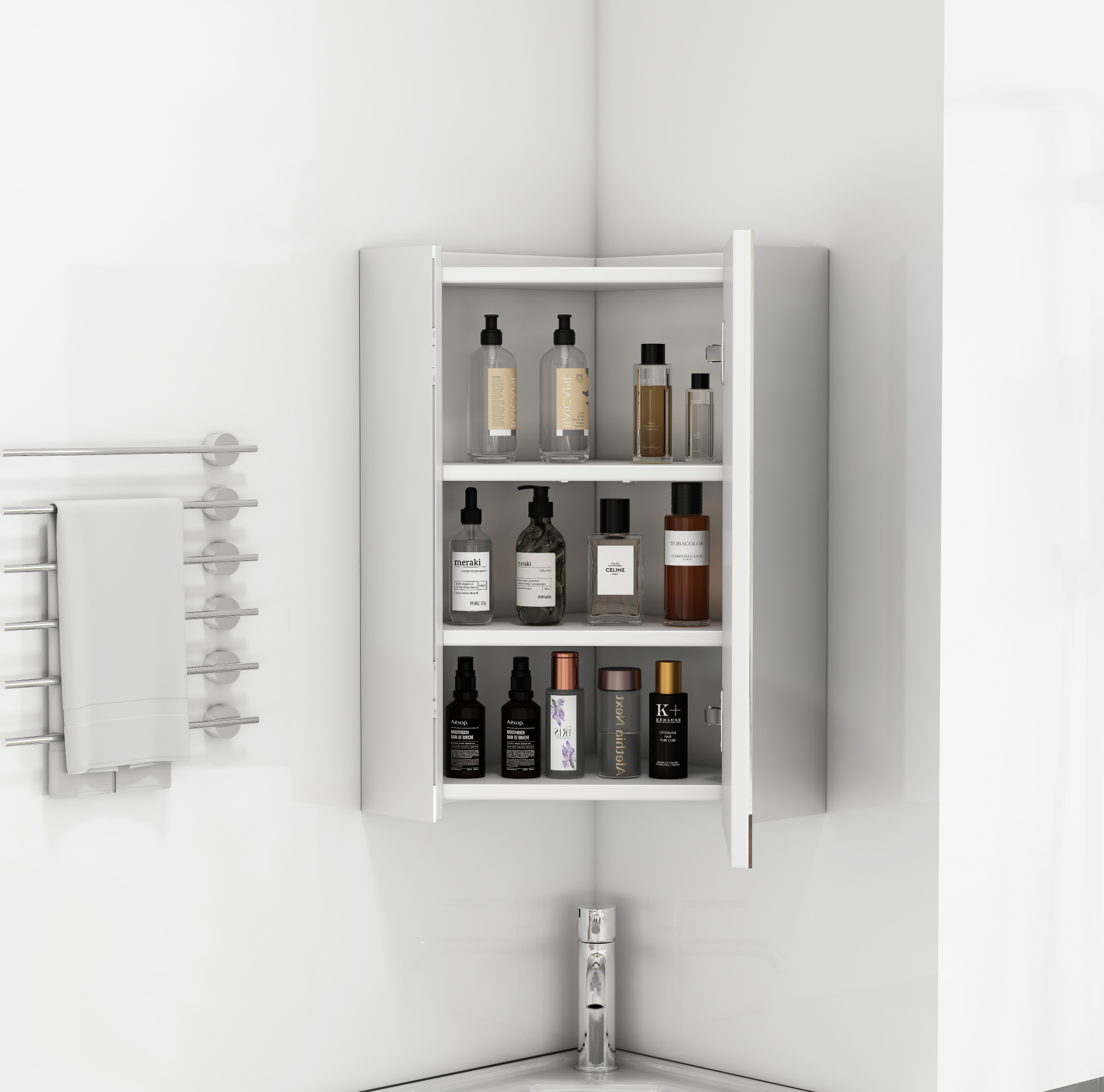 Eck Spiegelschrank (38x38x62 Cm), Dreiseitige Spiegel, Dämpfscharniere, Ablagen, Mdf, Weiß