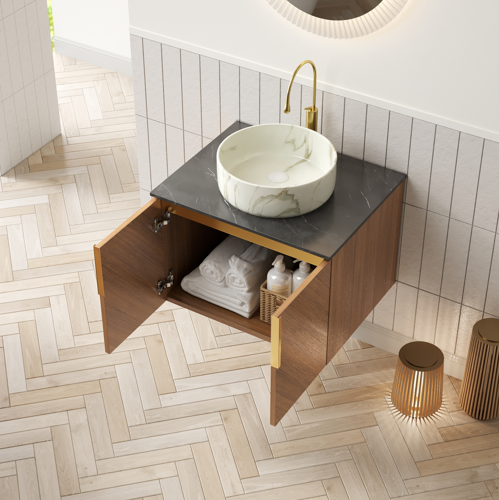 Wandwaschtisch 61x50x53.1 Cm, Mit Keramikbecken, Soft Close, Schrank Aus Sperrholz, Schwarz, Braun Eiche, Stein Weiß
